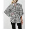 image:imageMakeMeChic Womens Houndstooth Print Blouse Mock Neck Ruffle Bell Sleeve Peplum Shirred Dressy TopsBlack and White