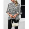 image:imageMakeMeChic Womens Houndstooth Print Blouse Mock Neck Ruffle Bell Sleeve Peplum Shirred Dressy TopsBlack and White