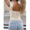 image:imageMakeMeChic Womens Lace Up Crochet Crop Top with Ruffle Trim Sleeveless V Neck Knitted BlouseApricot