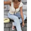image:imageMakeMeChic Womens Lace Up Crochet Crop Top with Ruffle Trim Sleeveless V Neck Knitted BlouseApricot
