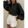 image:imageMakeMeChic Womens Lantern Sleeve Blouse Mock Neck Button Down Shirts Business Dressy Going Out TopsBlack