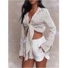 image:imageMakeMeChic Womens Long Sleeve Linen Blouse Tie Front Loose Collared Shirt Crop TopsBeige
