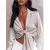 image:imageMakeMeChic Womens Long Sleeve Linen Blouse Tie Front Loose Collared Shirt Crop TopsBeige