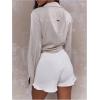 image:imageMakeMeChic Womens Long Sleeve Linen Blouse Tie Front Loose Collared Shirt Crop TopsBeige