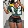 image:imageMakeMeChic Womens Number Jersey Shirts Cropped Short Sleeve Button Down BlousesMulticolor