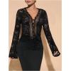 image:imageMakeMeChic Womens Party Floral Lace Blouse V Neck Scallop Bell Sleeve Fitted TopsBlack