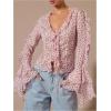 image:imageMakeMeChic Womens Polka Dots Bell Sleeve Blouse Chiffon V Neck Ruffle Tie Front TopsPink