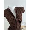 image:imageMakeMeChic Womens Polka Dots Shirt Tie Button Down Shirt Ruched Cap Puff Sleeve Blouse TopsCoffee Brown