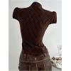 image:imageMakeMeChic Womens Polka Dots Shirt Tie Button Down Shirt Ruched Cap Puff Sleeve Blouse TopsCoffee Brown