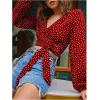 image:imageMakeMeChic Womens Polka Dots Wrap V Neck Blouse Tie Side Lantern Sleeve Y2k Crop TopsRed