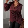 image:imageMakeMeChic Womens Satin V Neck Blouse Lantern Sleeve Wrap Tie Side Business Dressy Shirt TopsBurgundy