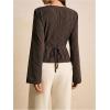image:imageMakeMeChic Womens Striped V Neck Blouse Tie Back Metal Pleated Long Sleeve Work ShirtBrown