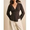 image:imageMakeMeChic Womens Striped V Neck Blouse Tie Back Metal Pleated Long Sleeve Work ShirtBrown