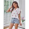 image:imageMakeMeChic Womens Summer Cherry Print Pleated Blouse Notch V Neck Cap Sleeve Shirt TopsMulticolor