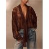 image:imageMakeMeChic Womens Summer Y2K Deep V Neck Floral Lace Cover Up Sheer Long Sleeve Shirt TopBrown