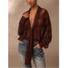 image:imageMakeMeChic Womens Summer Y2K Deep V Neck Floral Lace Cover Up Sheer Long Sleeve Shirt TopBrown