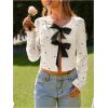 image:imageMakeMeChic Womens Valentines Shirts Blouses Heart Print Bow Tie Front Long Sleeve Going Out Crop TopsWhite