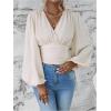 image:imageMakeMeChic Womens Wrap Top V Neck Lantern Sleeve Pleated Casual Blouse Top SpringApricot