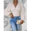 image:imageMakeMeChic Womens Wrap Top V Neck Lantern Sleeve Pleated Casual Blouse Top SpringApricot