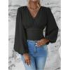 image:imageMakeMeChic Womens Wrap Top V Neck Lantern Sleeve Pleated Casual Blouse Top SpringBlack