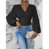 image:imageMakeMeChic Womens Wrap Top V Neck Lantern Sleeve Pleated Casual Blouse Top SpringBlack