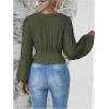 image:imageMakeMeChic Womens Wrap Top V Neck Lantern Sleeve Pleated Casual Blouse Top SpringGreen