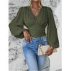 image:imageMakeMeChic Womens Wrap Top V Neck Lantern Sleeve Pleated Casual Blouse Top SpringGreen