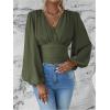 image:imageMakeMeChic Womens Wrap Top V Neck Lantern Sleeve Pleated Casual Blouse Top SpringGreen