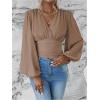 image:imageMakeMeChic Womens Wrap Top V Neck Lantern Sleeve Pleated Casual Blouse Top SpringMocha Brown