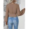 image:imageMakeMeChic Womens Wrap Top V Neck Lantern Sleeve Pleated Casual Blouse Top SpringMocha Brown