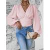 image:imageMakeMeChic Womens Wrap Top V Neck Lantern Sleeve Pleated Casual Blouse Top SpringPink