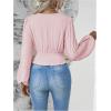 image:imageMakeMeChic Womens Wrap Top V Neck Lantern Sleeve Pleated Casual Blouse Top SpringPink