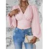 image:imageMakeMeChic Womens Wrap Top V Neck Lantern Sleeve Pleated Casual Blouse Top SpringPink