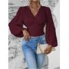 image:imageMakeMeChic Womens Wrap Top V Neck Lantern Sleeve Pleated Casual Blouse Top SpringRed Violet