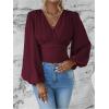 image:imageMakeMeChic Womens Wrap Top V Neck Lantern Sleeve Pleated Casual Blouse Top SpringRed Violet