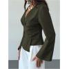 image:imageMakeMeChic Womens Wrap V Neck Blouse Bell Sleeve Pleated Business Dressy TopsArmy Green