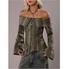image:imageMakeMeChic Womens Y2k Striped Blouse Off The Shoulder Button Up Bell Sleeve TopsGreen