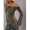 image:imageMakeMeChic Womens Y2k Striped Blouse Off The Shoulder Button Up Bell Sleeve TopsGreen