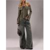 image:imageMakeMeChic Womens Y2k Striped Blouse Off The Shoulder Button Up Bell Sleeve TopsGreen