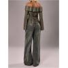 image:imageMakeMeChic Womens Y2k Striped Blouse Off The Shoulder Button Up Bell Sleeve TopsGreen
