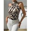 image:imageMakeMeChic Womens Zebra Striped Halter Top Sleeveless Keyhole Back Business Elegant Blouse ShirtBrown