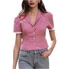 image:imageMAKEMECHIC Womens Gingham Plaid Button Down Shirt Tie Back Short Sleeve Blouse Vintage TopsRed