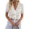 image:imageMakeMeChic Womens Boho Floral Lace V Neck Blouse Tie Front Short Sleeve Crop TopsWhite