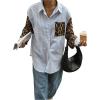 image:imageMakeMeChic Womens Cheetah Print Striped Button Down Shirt Long Sleeve Boyfriend BlouseMulticolor