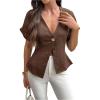 image:imageMakeMeChic Womens Deep V Neck Blouse Metal Button Short Sleeve Work Dressy Shirt TopsBrown