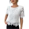 image:imageMakeMeChic Womens Fall Floral Lace Blouse Elegant Short Sleeve Crew Neck Crop TopsWhite