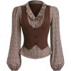 image:imageMakeMeChic Womens Fall Tops Teacher Outfits Plaid Print Lantern Sleeve 2 in 1 Vintage Blouse Collared ShirtCoffee Brown