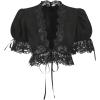 image:imageMakeMeChic Womens Floral Lace V Neck Blouse Crop Tops Puff Sleeve Tie Front Summer ShirtsBlack