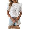image:imageMakeMeChic Womens Going Out Eyelet Embroidery Blouse Crew Neck Hollow Out Short Sleeve Shirt TopsWhite