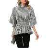 image:imageMakeMeChic Womens Houndstooth Print Blouse Mock Neck Ruffle Bell Sleeve Peplum Shirred Dressy TopsBlack and White